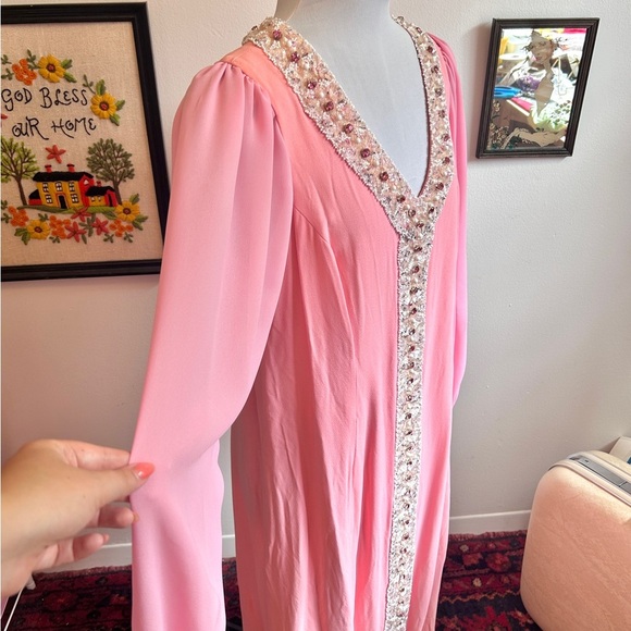 Vintage 60s/70s Pink Mod Beaded Rhinestone Evening Gown Glam Statement Dress XL - Picture 3 of 12